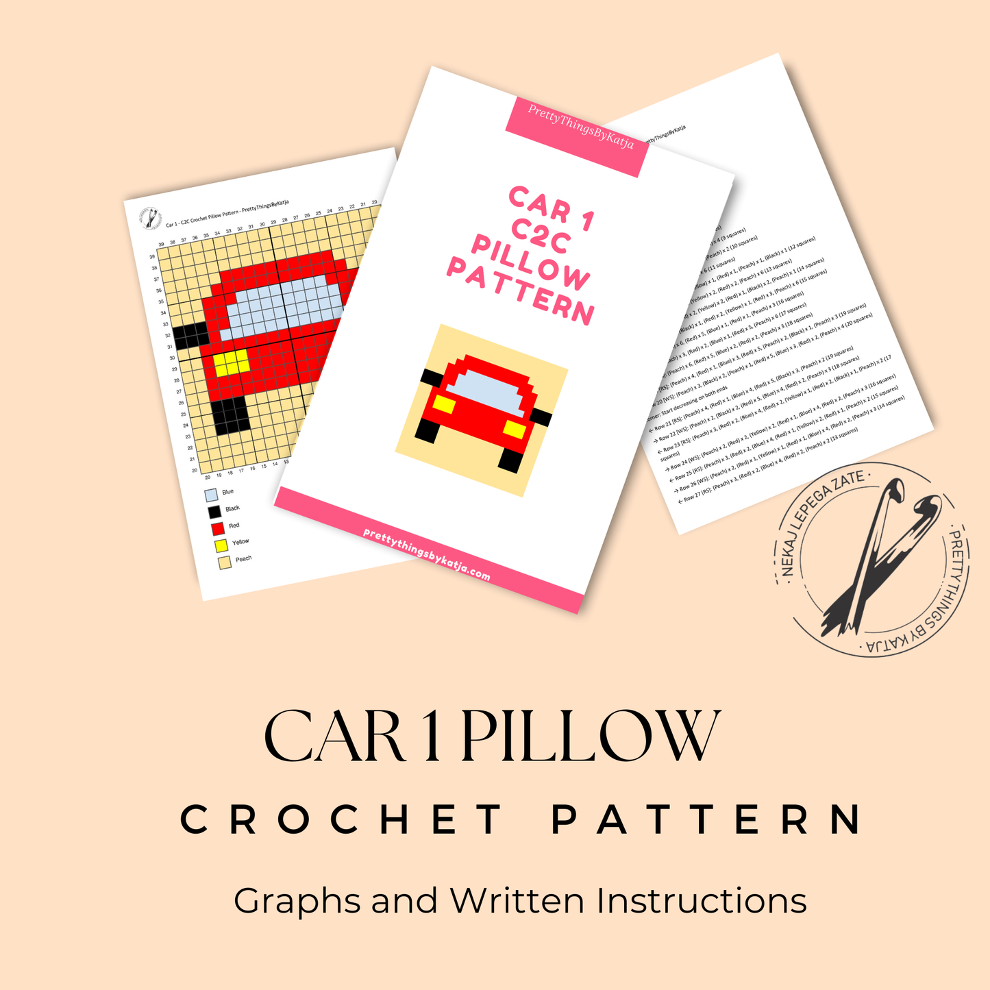 Beginner-friendly C2C crochet pillow pattern featuring a red car design in 20 x 20 blocks.