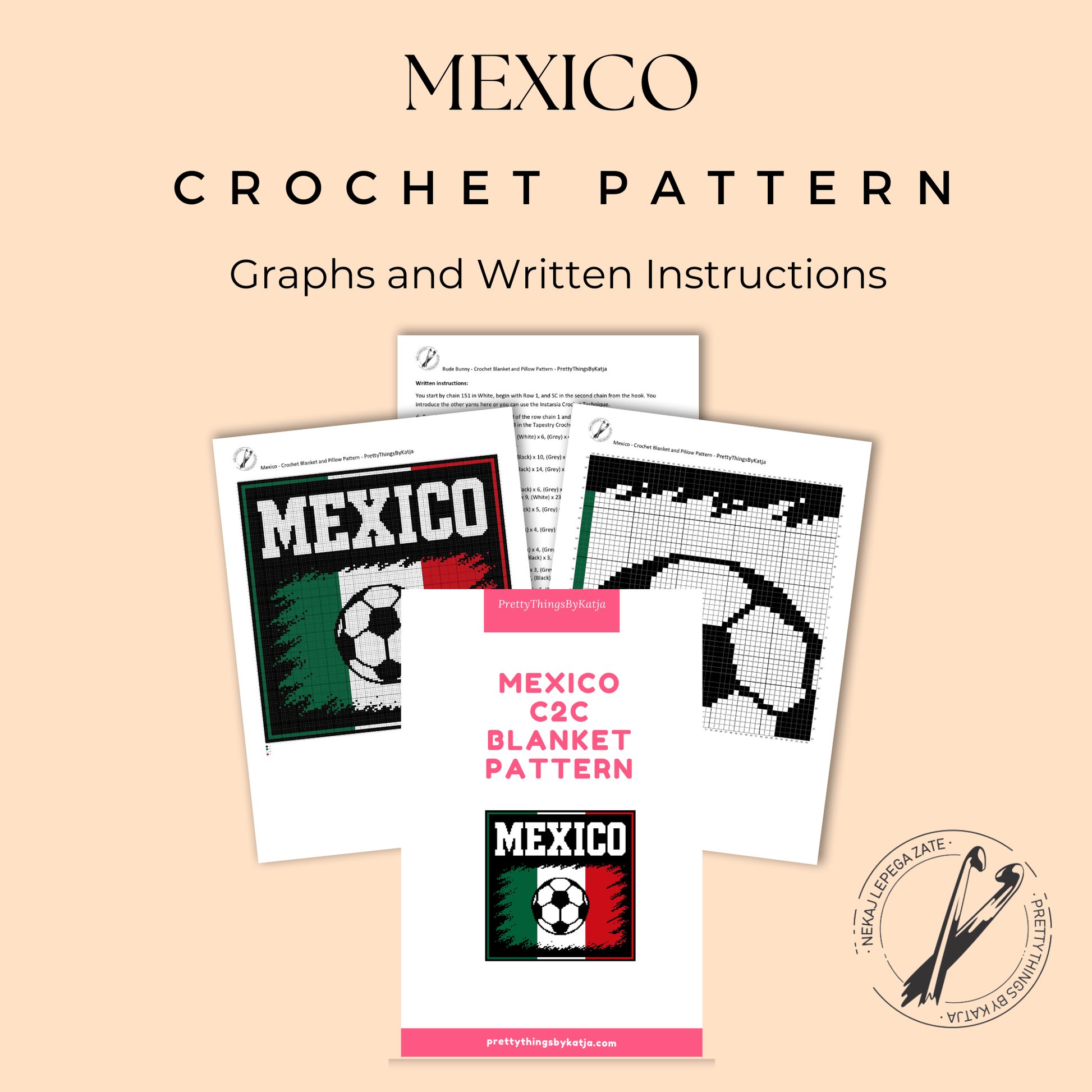 Corner-to-corner Mexican soccer blanket pattern using black, green, white, and red yarn.
Mexico football crochet graph pattern for World Cup fans, soccer players, kids’ rooms, and handmade gifts.