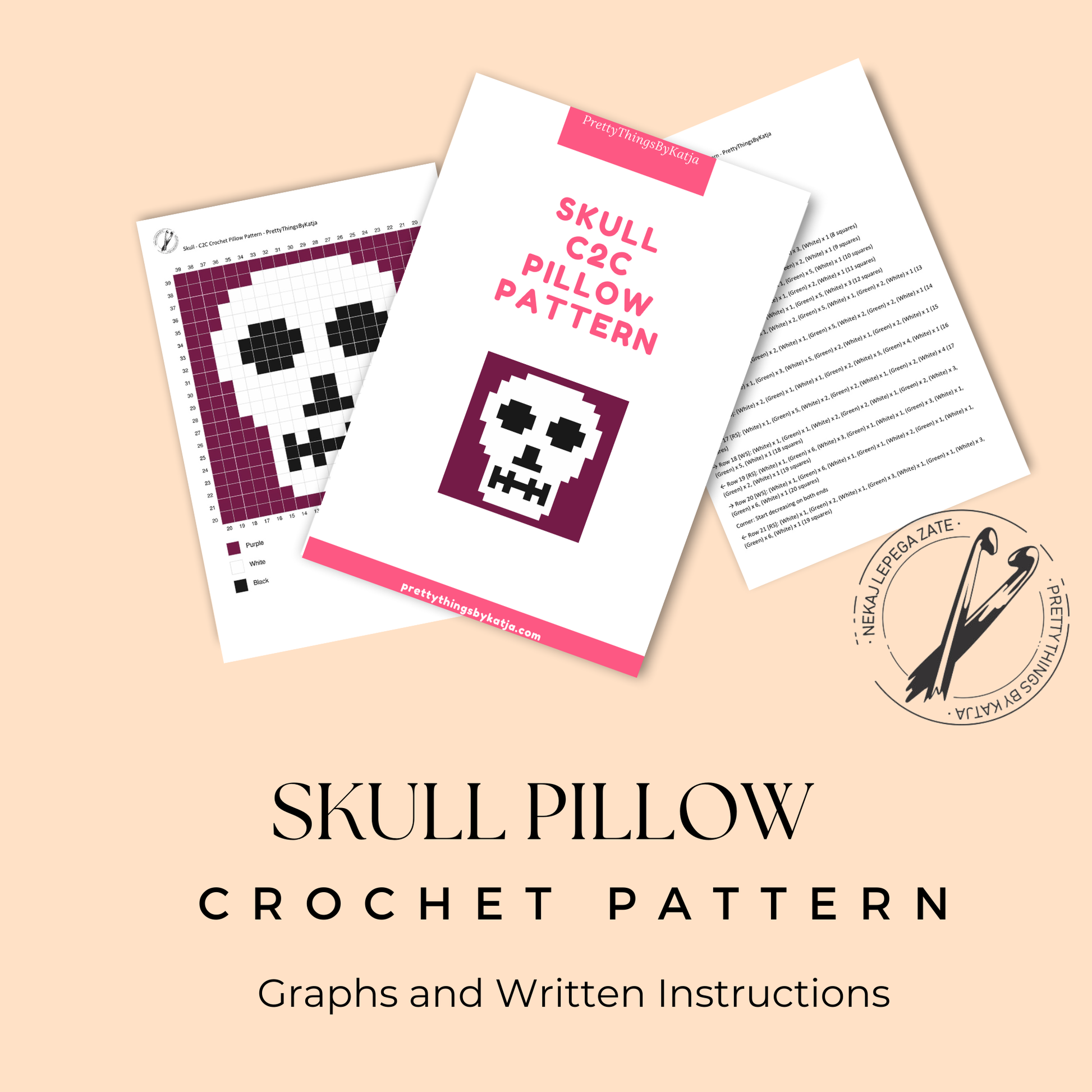 C2C crochet skull pillow pattern for Halloween decor, gothic rooms, and handmade gifts.
Beginner-friendly C2C crochet pillow pattern featuring a skull design in 20 x 20 blocks.