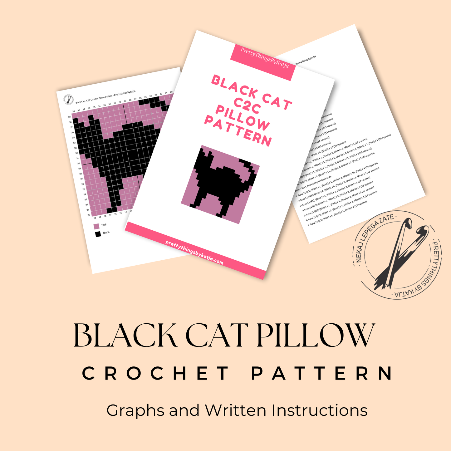 C2C crochet black cat pillow pattern for Halloween decor, cat lovers, and handmade gifts.