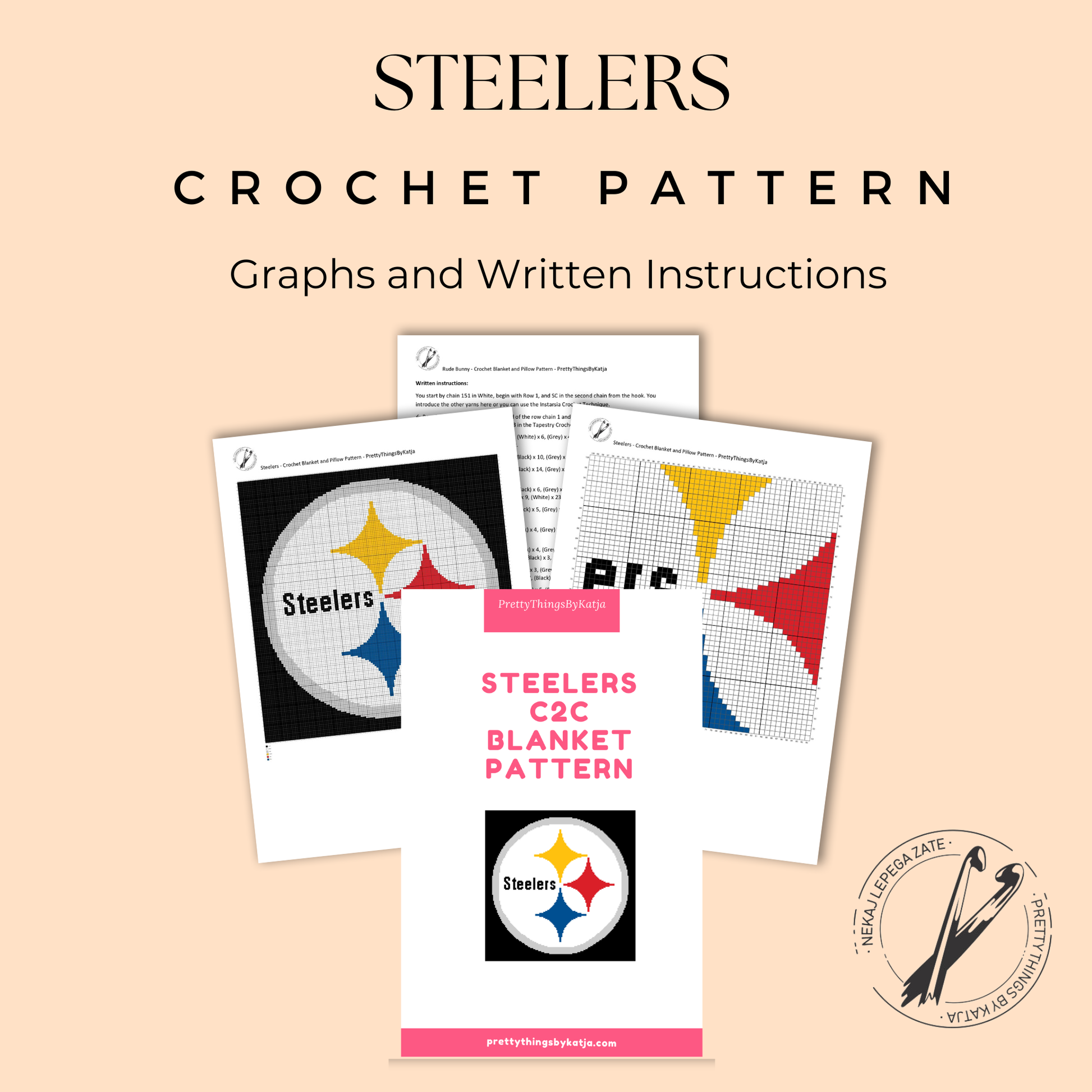 Black and gold football C2C blanket pattern for sports fans, fan caves, game rooms, and handmade gifts.
C2C sports crochet graph pattern for football season, bedrooms, dorm rooms, and game-day decor.
Steelers-inspired football crochet blanket pattern with six colors, full graph, and written instructions.