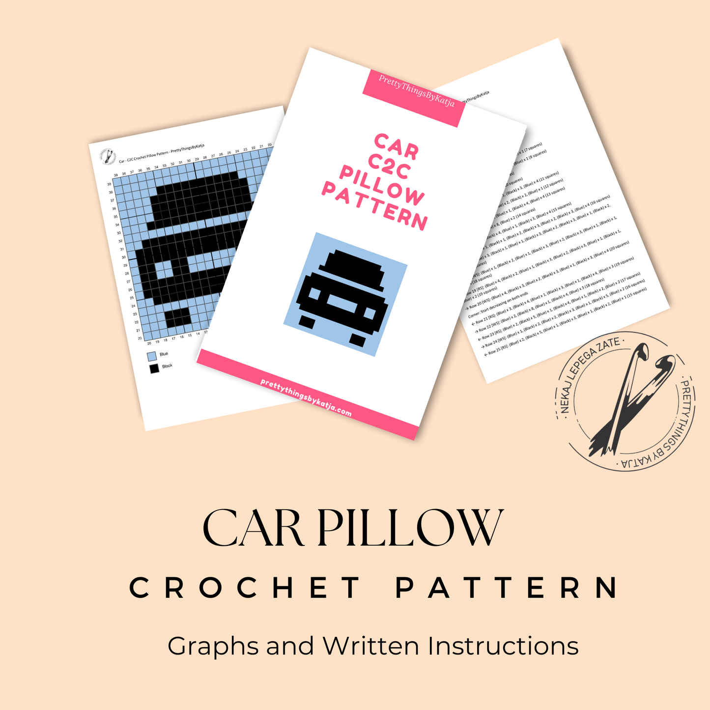 C2C crochet car pillow pattern for kids’ room decor, nursery decor, and handmade gifts.