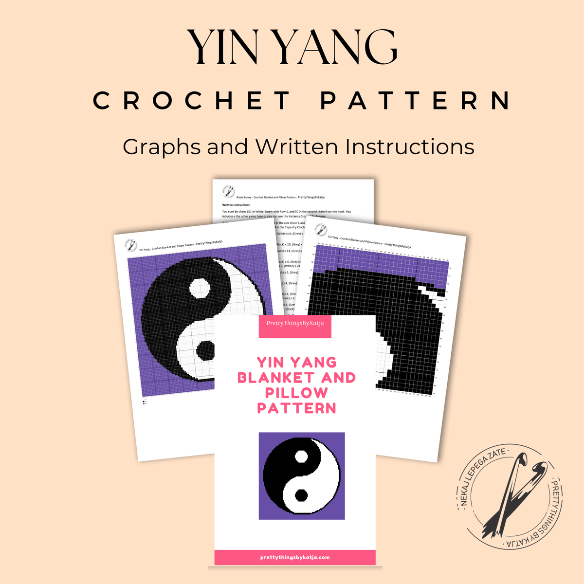 Yin Yang tapestry crochet blanket and pillow pattern with 100 x 100 graph, 3 colors, and written instructions. Zen yoga graphghan PDF.