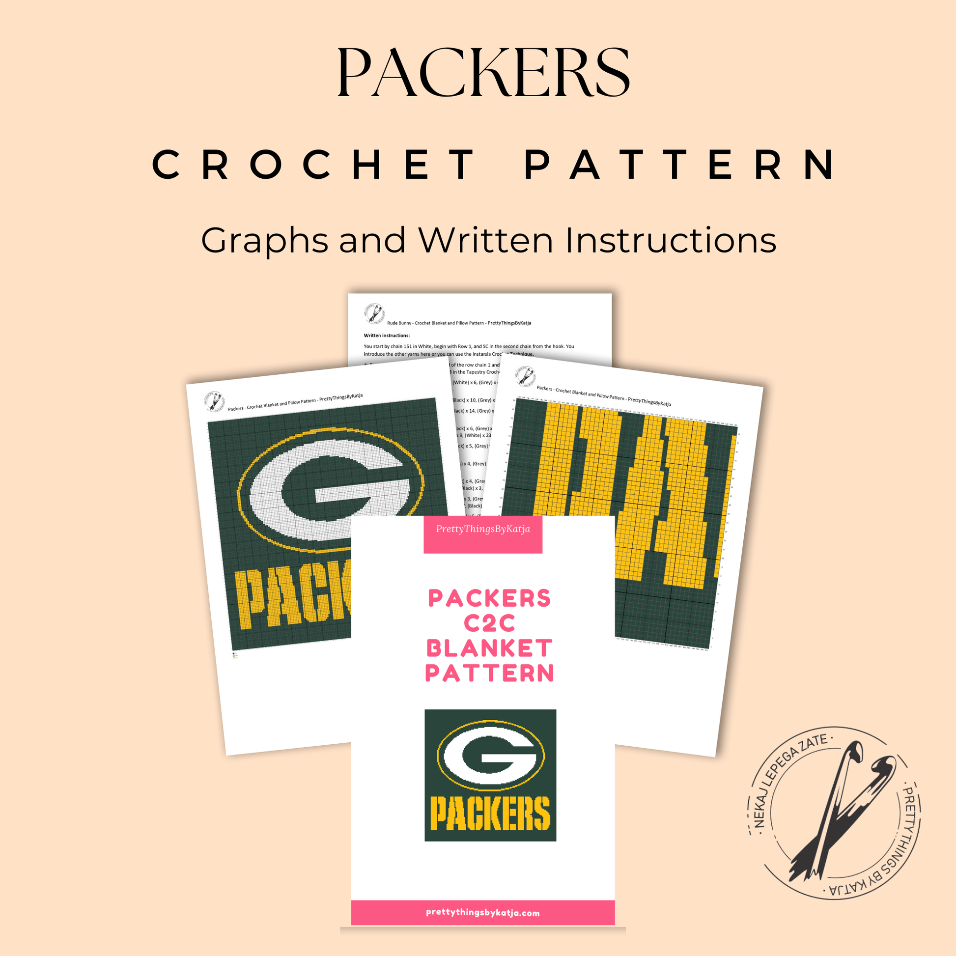C2C sports crochet graph pattern for football season, fan caves, dorm rooms, and game-day decor.
Packers-inspired football crochet blanket pattern with three colors, full graph, and written instructions.