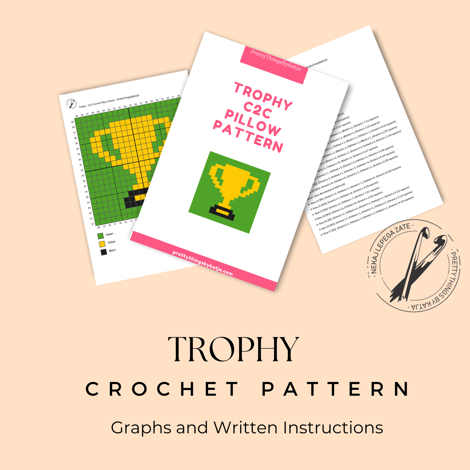 C2C crochet trophy pillow pattern for athletes, coaches, teams, winners, and handmade gifts.
Beginner-friendly C2C crochet pillow pattern featuring a gold trophy design in 20 x 20 blocks.