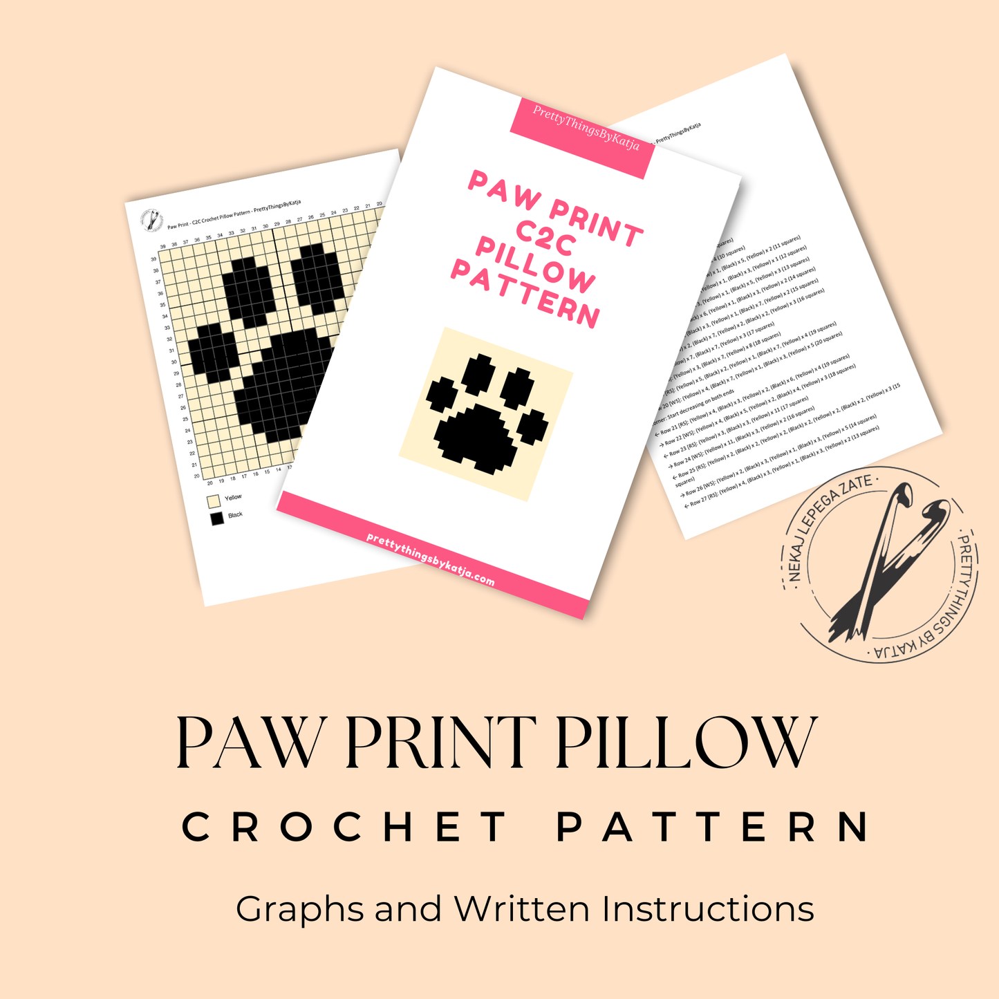 C2C crochet paw pillow pattern for dog lovers, cat lovers, pet owners, and handmade gifts.
Beginner-friendly C2C crochet pillow pattern featuring a paw print design in 20 x 20 blocks.