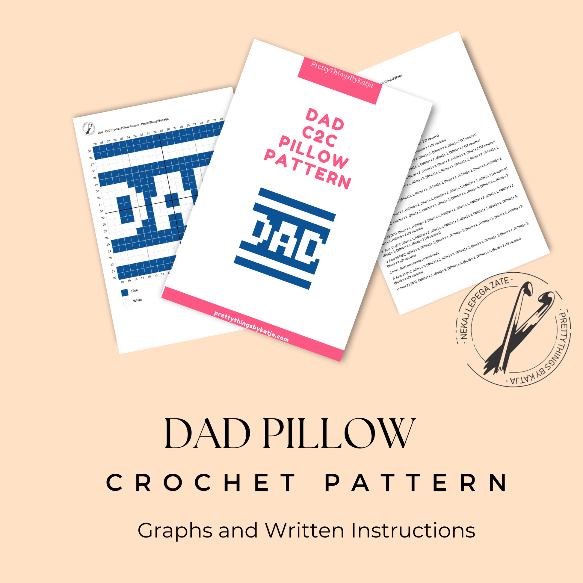 C2C crochet Dad pillow pattern for Father’s Day, birthdays, and handmade gifts.
Beginner-friendly C2C crochet pillow pattern featuring a DAD design in 20 x 20 blocks.