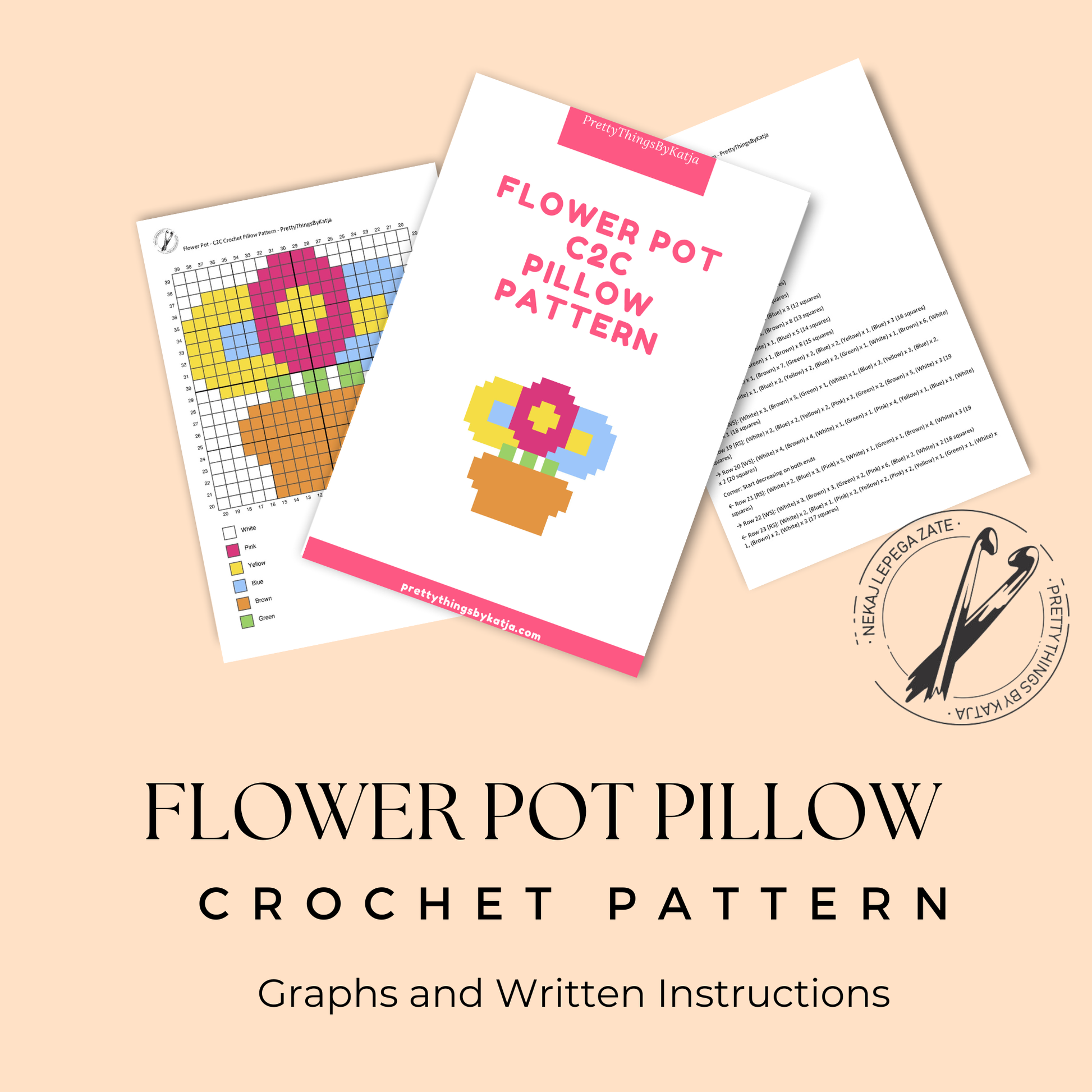 C2C crochet flower pot pillow pattern for spring decor, garden lovers, and handmade gifts.
Beginner-friendly C2C crochet pillow pattern featuring a flower pot design in 20 x 20 blocks.