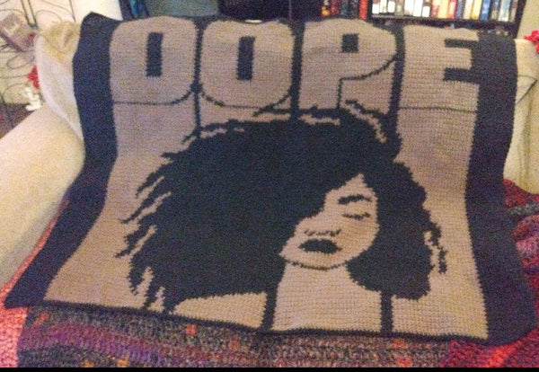 Celebrate self-expression and empowerment with this bold and stylish Dope C2C Crochet Blanket Pattern!

Featuring a powerful silhouette of a woman with natural hair, set against striking 'DOPE' lettering, this corner-to-corner pattern is perfect for crocheters looking to create a statement piece. 
Click to learn more!