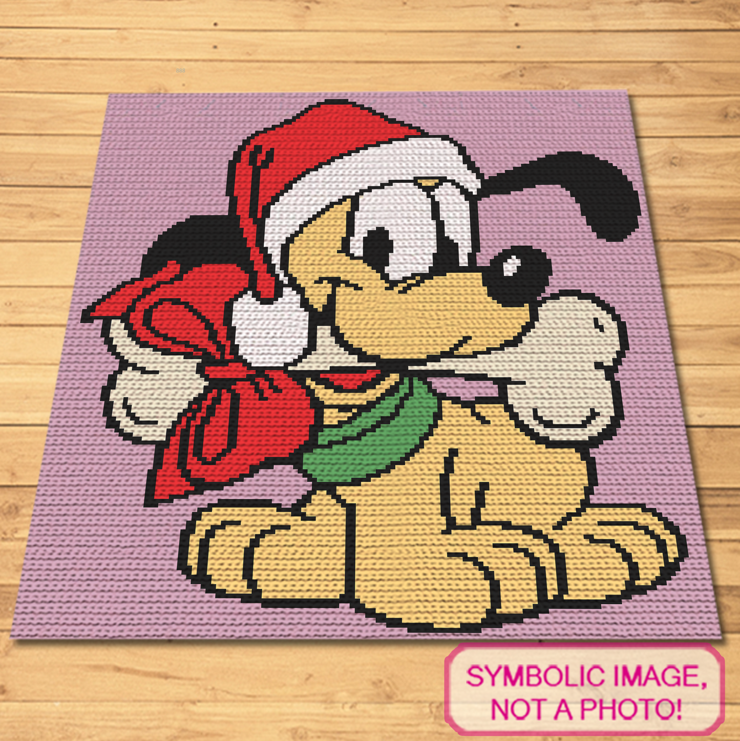 Single crochet Christmas dog graphgan pattern with a 150 x 150 color chart and written row-by-row instructions.
Holiday puppy crochet blanket and pillow pattern using pink, red, black, white, ivory, green, and yellow yarn.