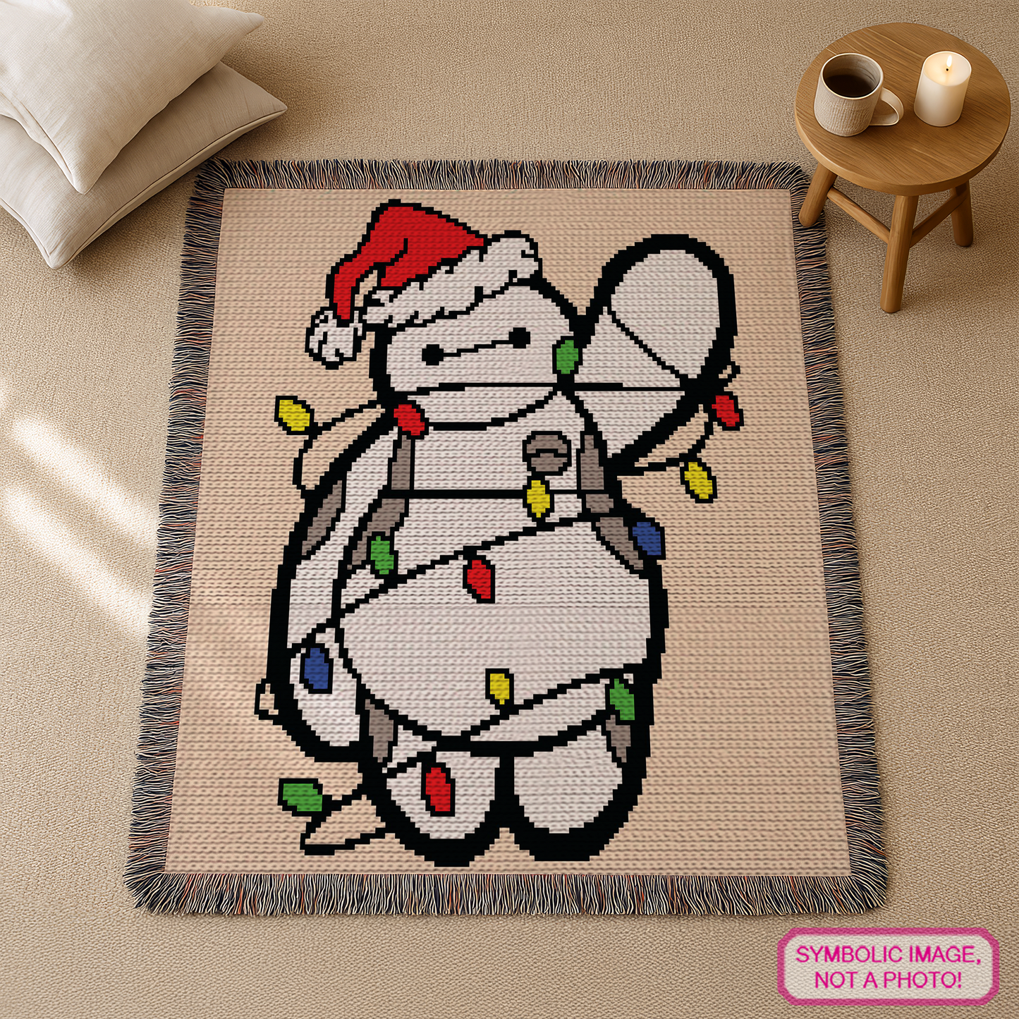 Christmas robot corner-to-corner crochet blanket pattern using peach, white, black, red, grey, green, blue, and yellow yarn.
Character-inspired Christmas C2C crochet graph pattern for handmade blankets, wall hangings, and holiday gifts.