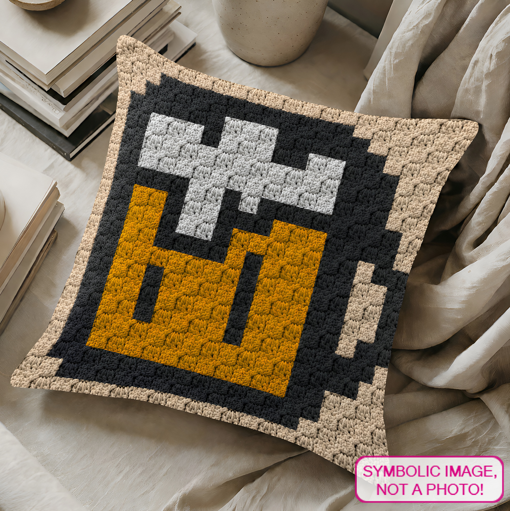 C2C crochet pillow pattern with written instructions featuring a beer mug graph design for a quick handmade gift.