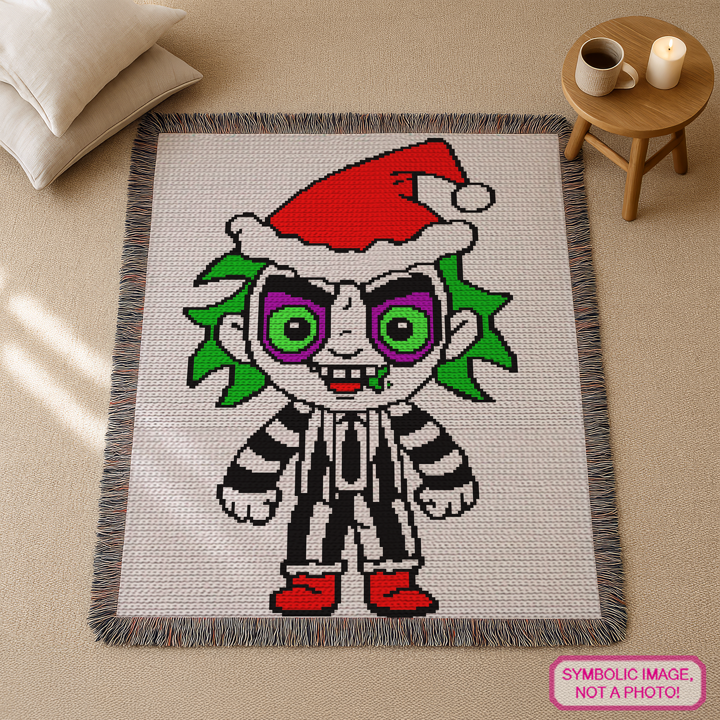 Holiday gothic crochet blanket pattern using white, black, red, green, dark green, and violet yarn.
Christmas Beetlejuice-inspired tapestry crochet graph pattern for handmade blankets and spooky holiday gifts.