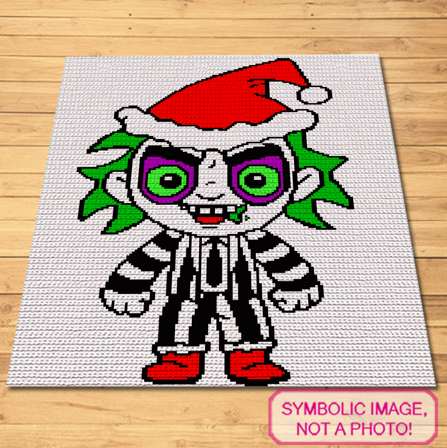 Christmas Beetlejuice tapestry crochet blanket pattern featuring a spooky holiday character-inspired design with Santa hat and green hair.
Single crochet spooky Christmas graphgan pattern with a 120 x 150 color chart and written row-by-row instructions.