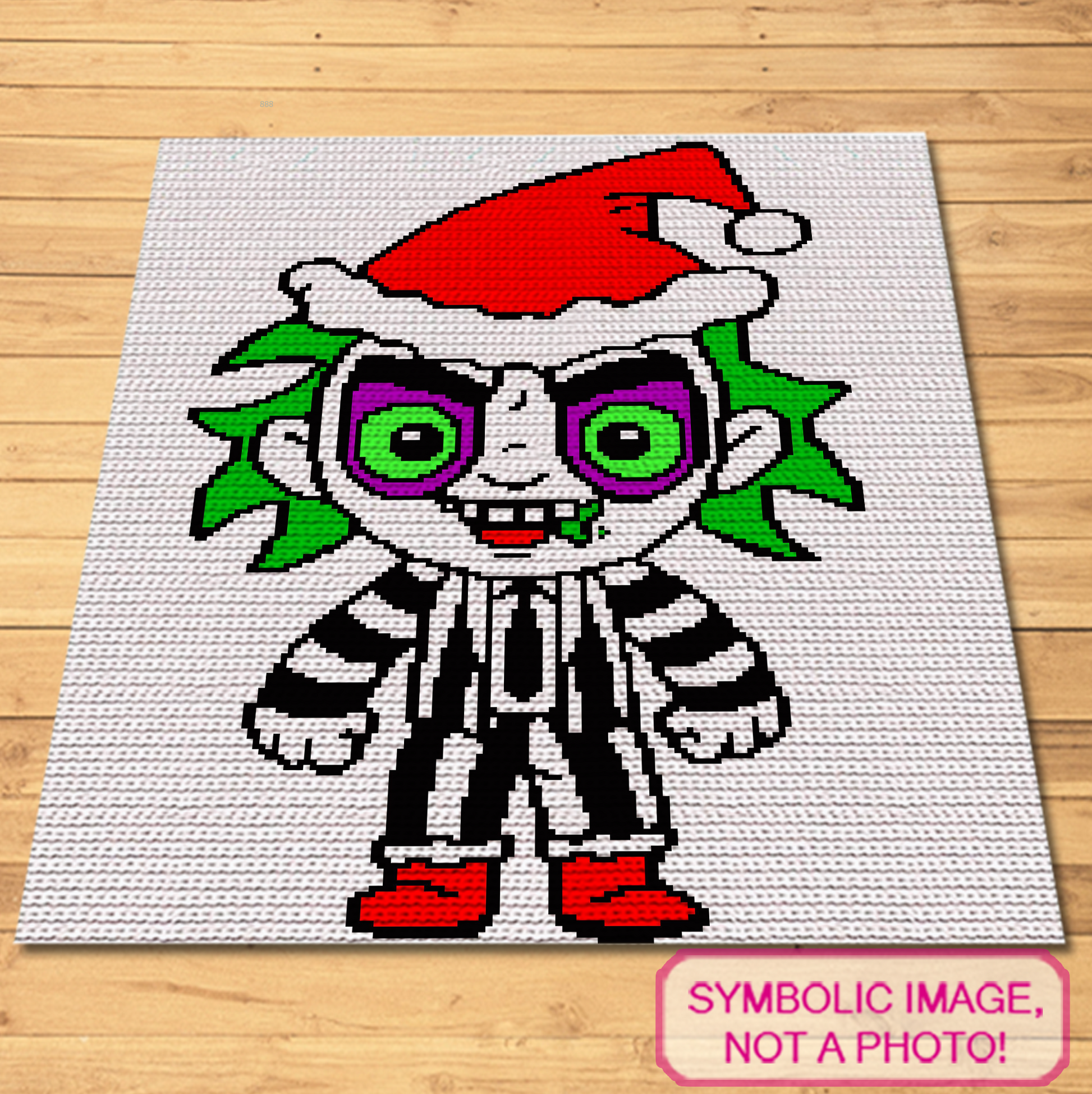 Christmas Beetlejuice tapestry crochet blanket pattern featuring a spooky holiday character-inspired design with Santa hat and green hair.
Single crochet spooky Christmas graphgan pattern with a 120 x 150 color chart and written row-by-row instructions.
