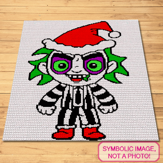 Christmas Beetlejuice tapestry crochet blanket pattern featuring a spooky holiday character-inspired design with Santa hat and green hair.
Single crochet spooky Christmas graphgan pattern with a 120 x 150 color chart and written row-by-row instructions.