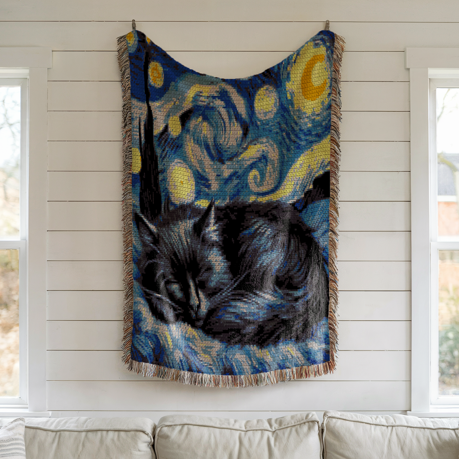 Van Gogh The Starry Night tapestry crochet blanket pattern featuring a black cat under a swirling blue night sky with written instructions.
Black cat SC crochet graphghan pattern inspired by Van Gogh Starry Night with a 199 x 200 color chart.