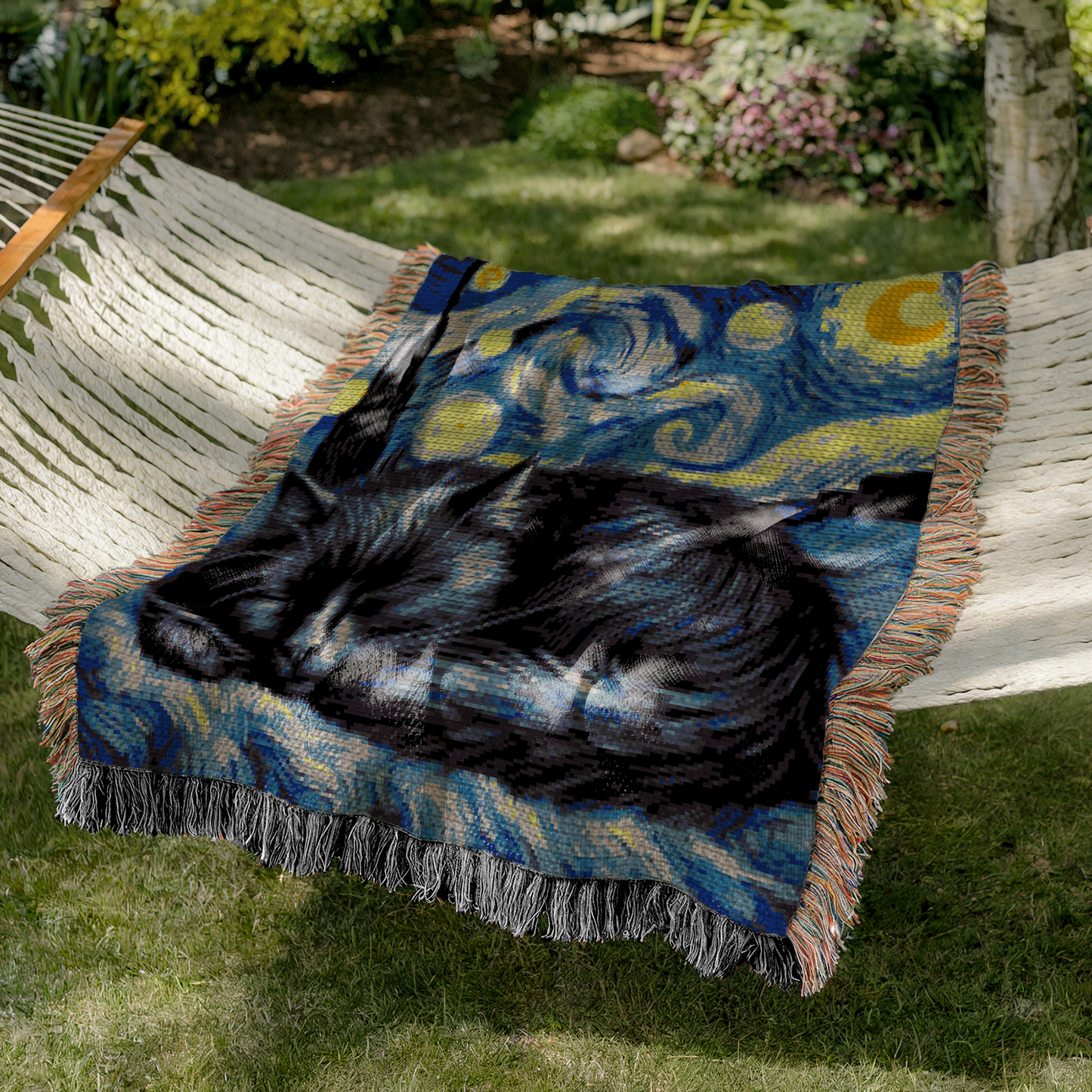 Van Gogh inspired crochet painting blanket pattern for cat lovers, art lovers, handmade gifts, and cozy home decor.
Single crochet famous art graphghan pattern featuring a black cat, starry sky, 13 colors, and instant-download PDF.