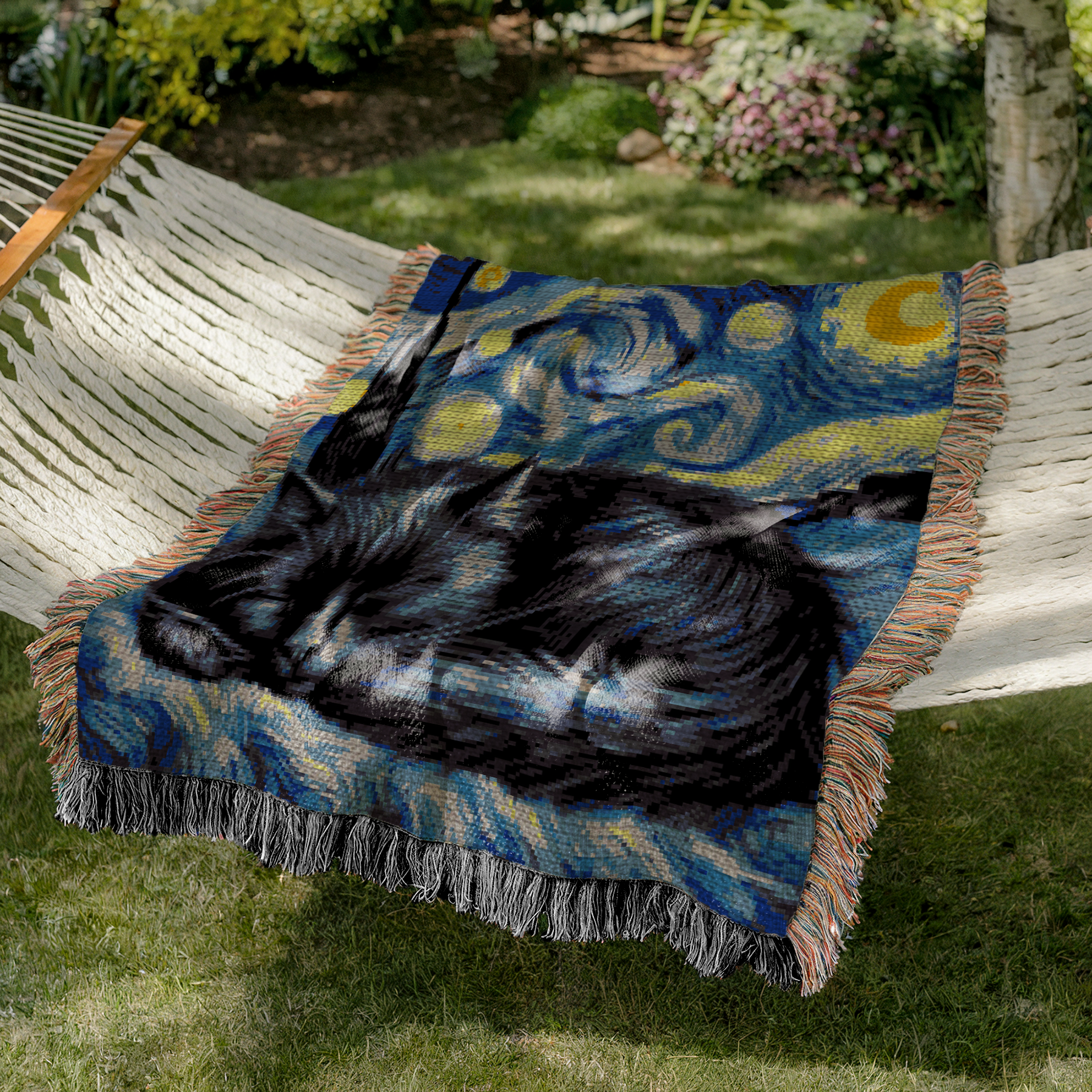 Van Gogh inspired crochet painting blanket pattern for cat lovers, art lovers, handmade gifts, and cozy home decor.
Single crochet famous art graphghan pattern featuring a black cat, starry sky, 13 colors, and instant-download PDF.