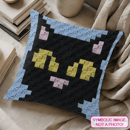 C2C crochet black cat pillow pattern for Halloween decor, cat lovers, and handmade gifts.
