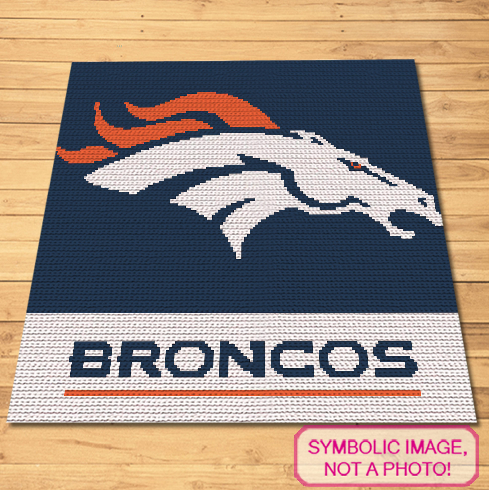 Tapestry crochet sports blanket pattern for football season, fan caves, bedrooms, and game-day decor.
Football crochet graph pattern with bold Broncos-inspired design, three colors, and written instructions.