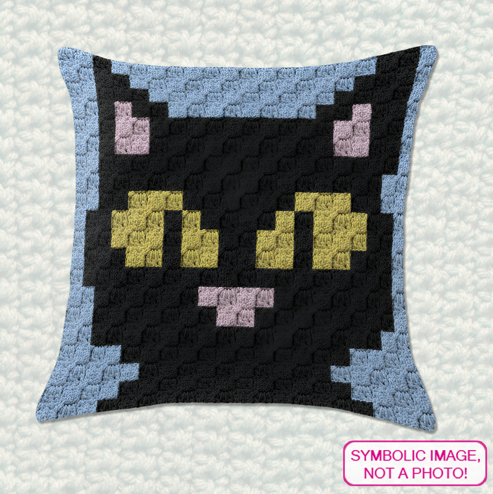 Beginner-friendly C2C crochet pillow pattern featuring a black cat face design in 20 x 20 blocks.