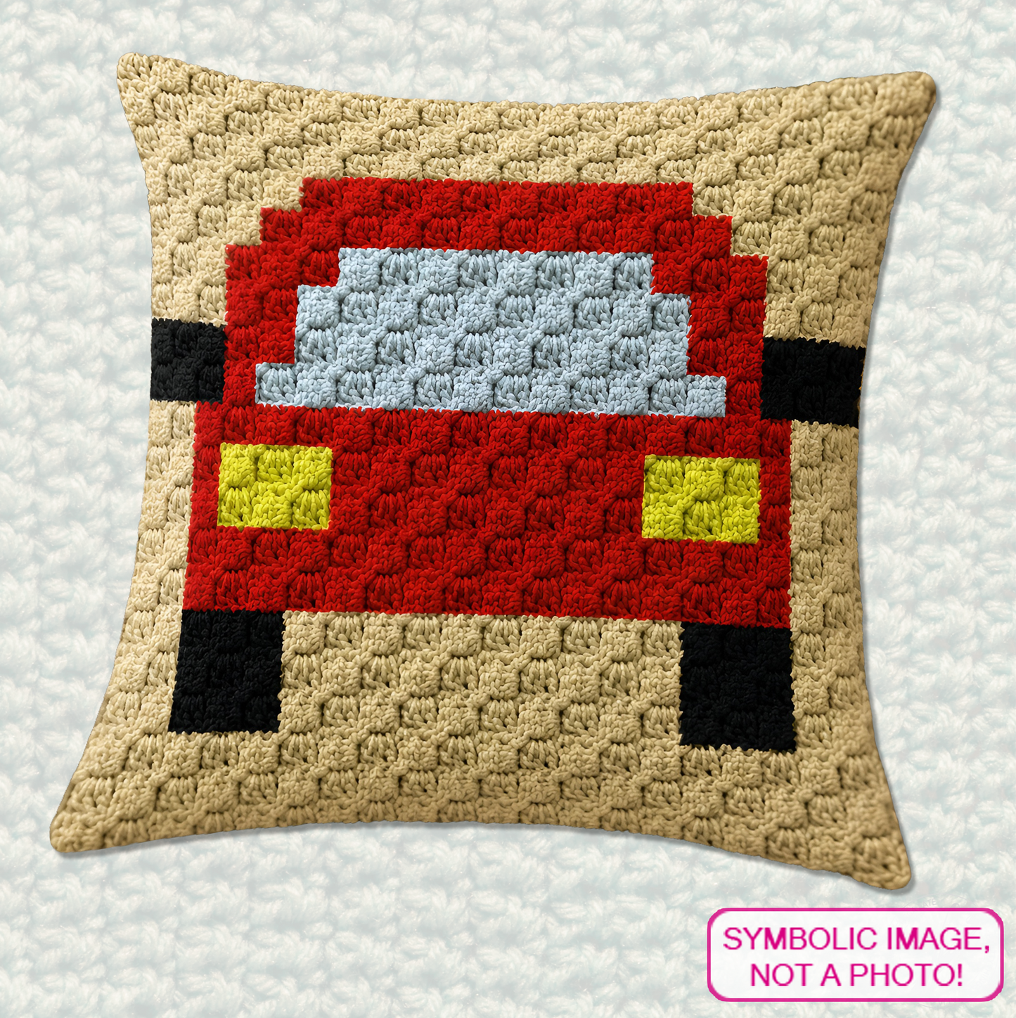 C2C crochet red car pillow pattern for kids’ room decor, nursery decor, and handmade gifts.