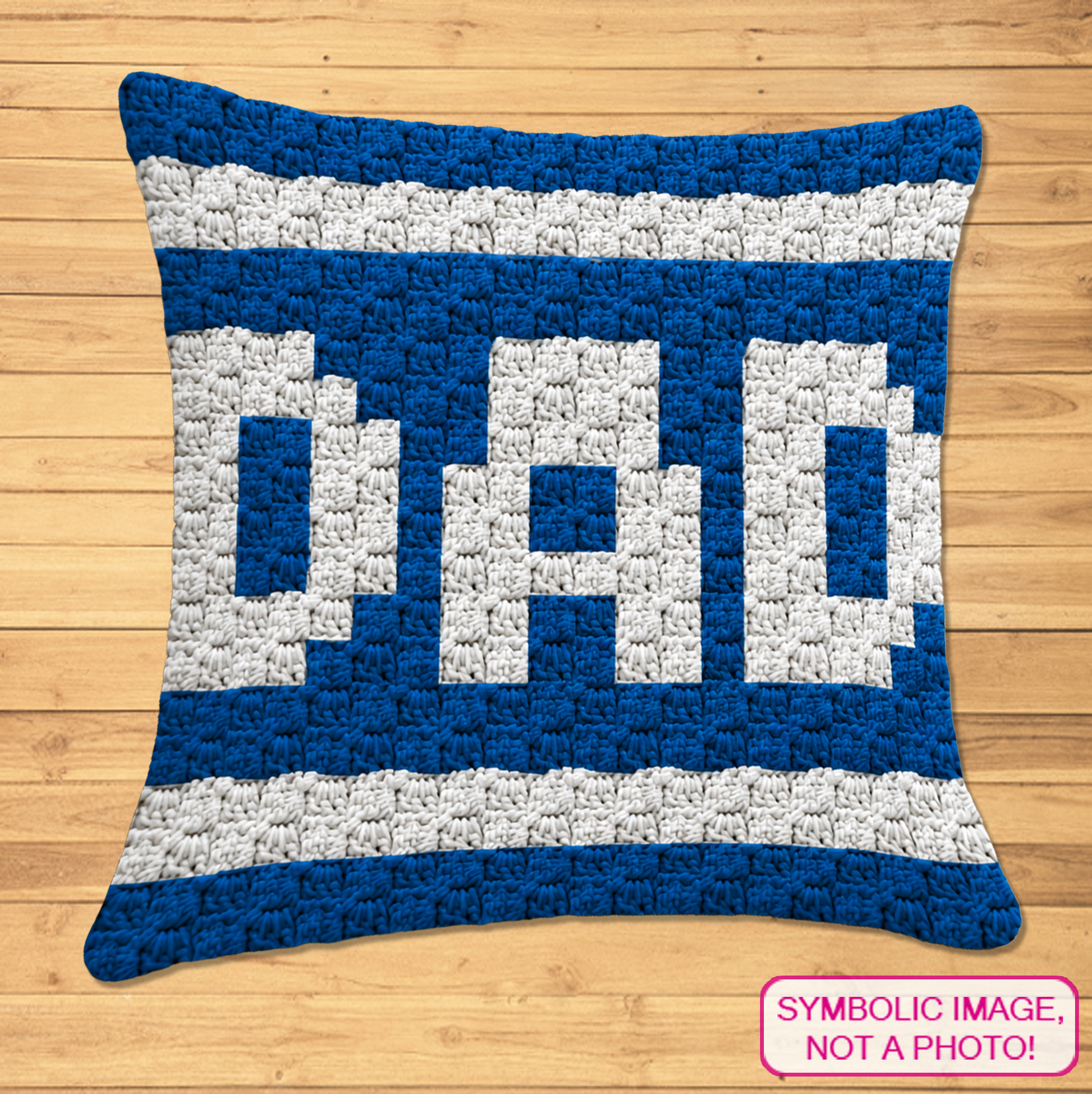 C2C crochet pillow pattern with written instructions featuring a DAD graph design for a handmade Father’s Day gift.