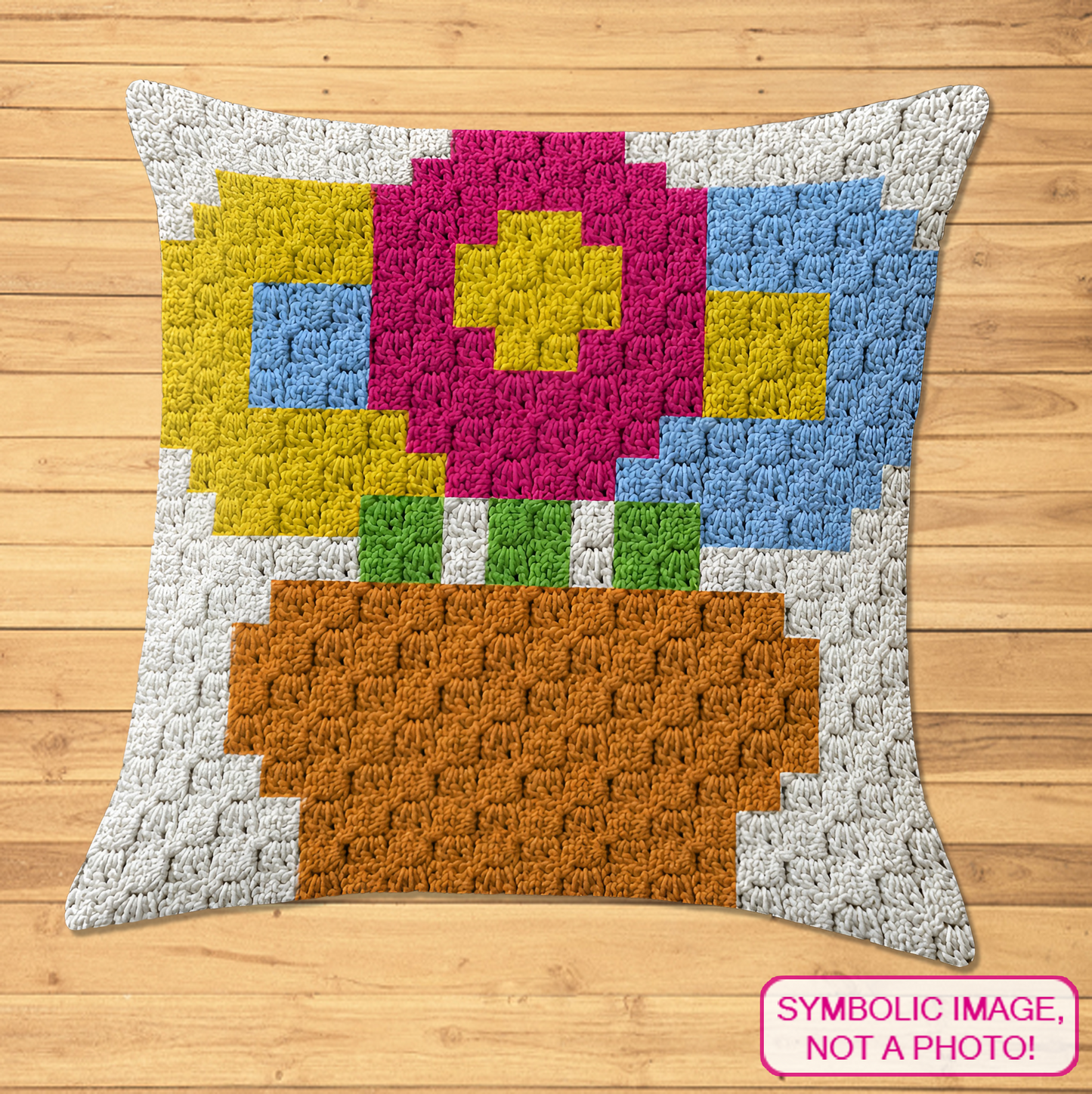 C2C crochet pillow pattern with written instructions featuring a colorful flower pot graph design for a quick handmade gift.