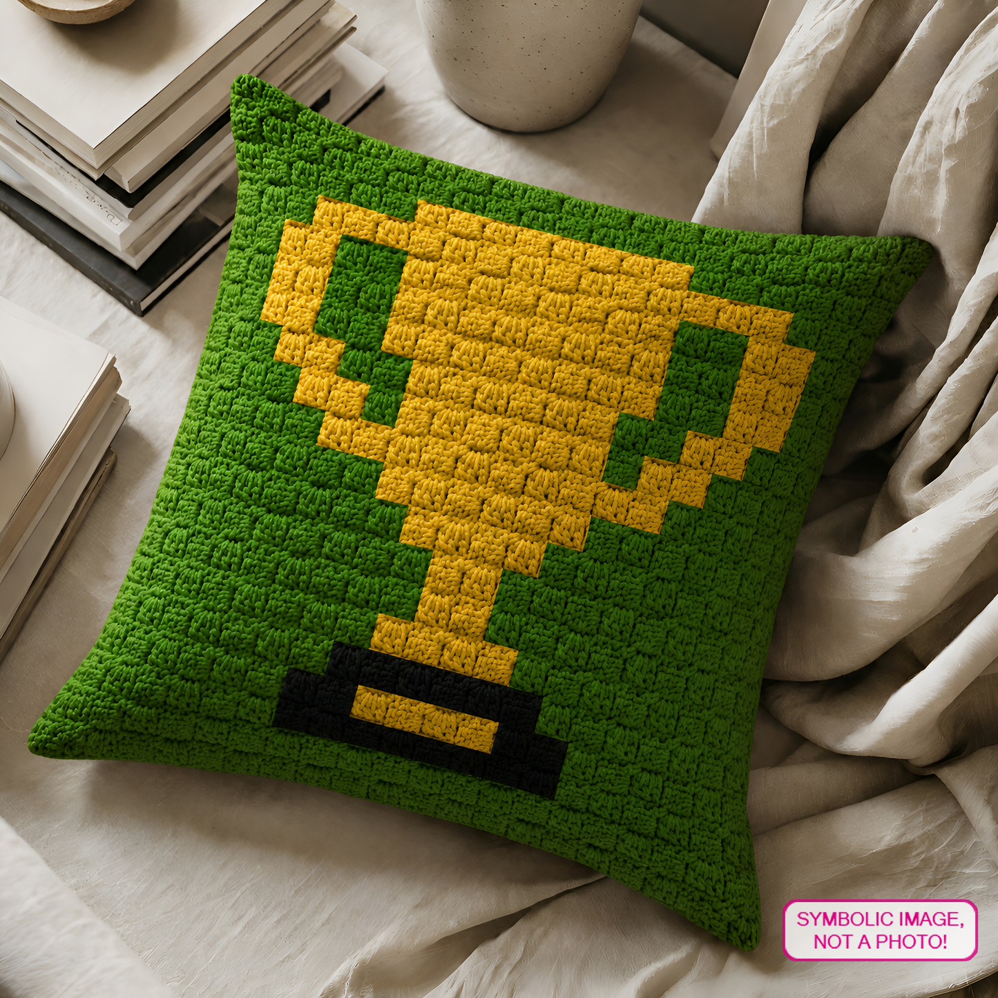 C2C crochet pillow pattern with written instructions featuring a gold trophy graph design for athletes, winners, coaches, and sports gifts.