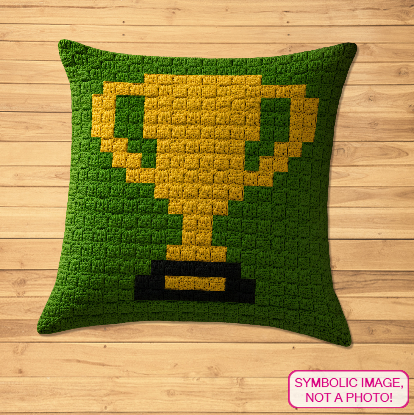 C2C crochet trophy pillow pattern for athletes, coaches, teams, winners, and handmade gifts.
Beginner-friendly C2C crochet pillow pattern featuring a gold trophy design in 20 x 20 blocks.