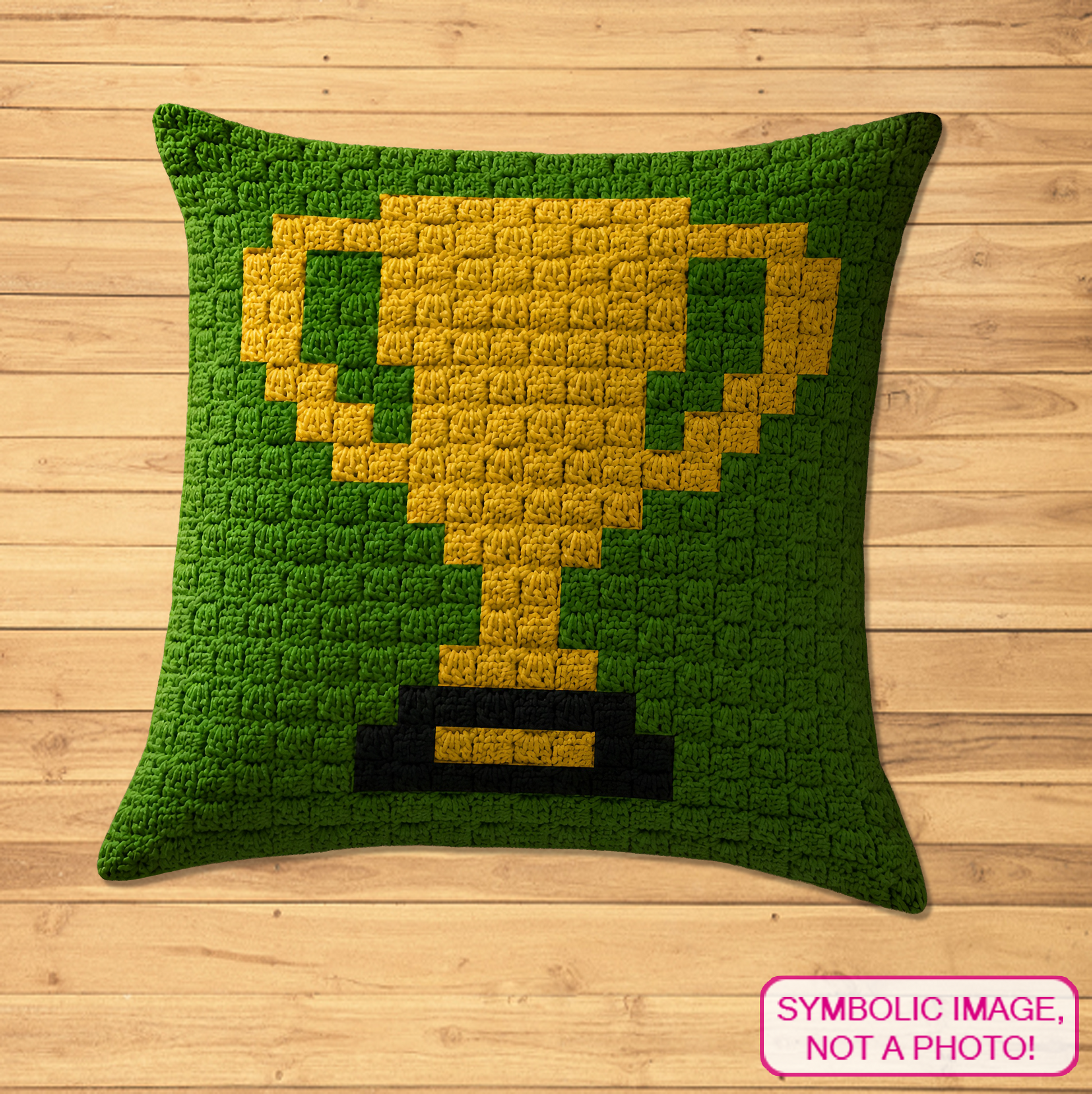 C2C crochet trophy pillow pattern for athletes, coaches, teams, winners, and handmade gifts.
Beginner-friendly C2C crochet pillow pattern featuring a gold trophy design in 20 x 20 blocks.