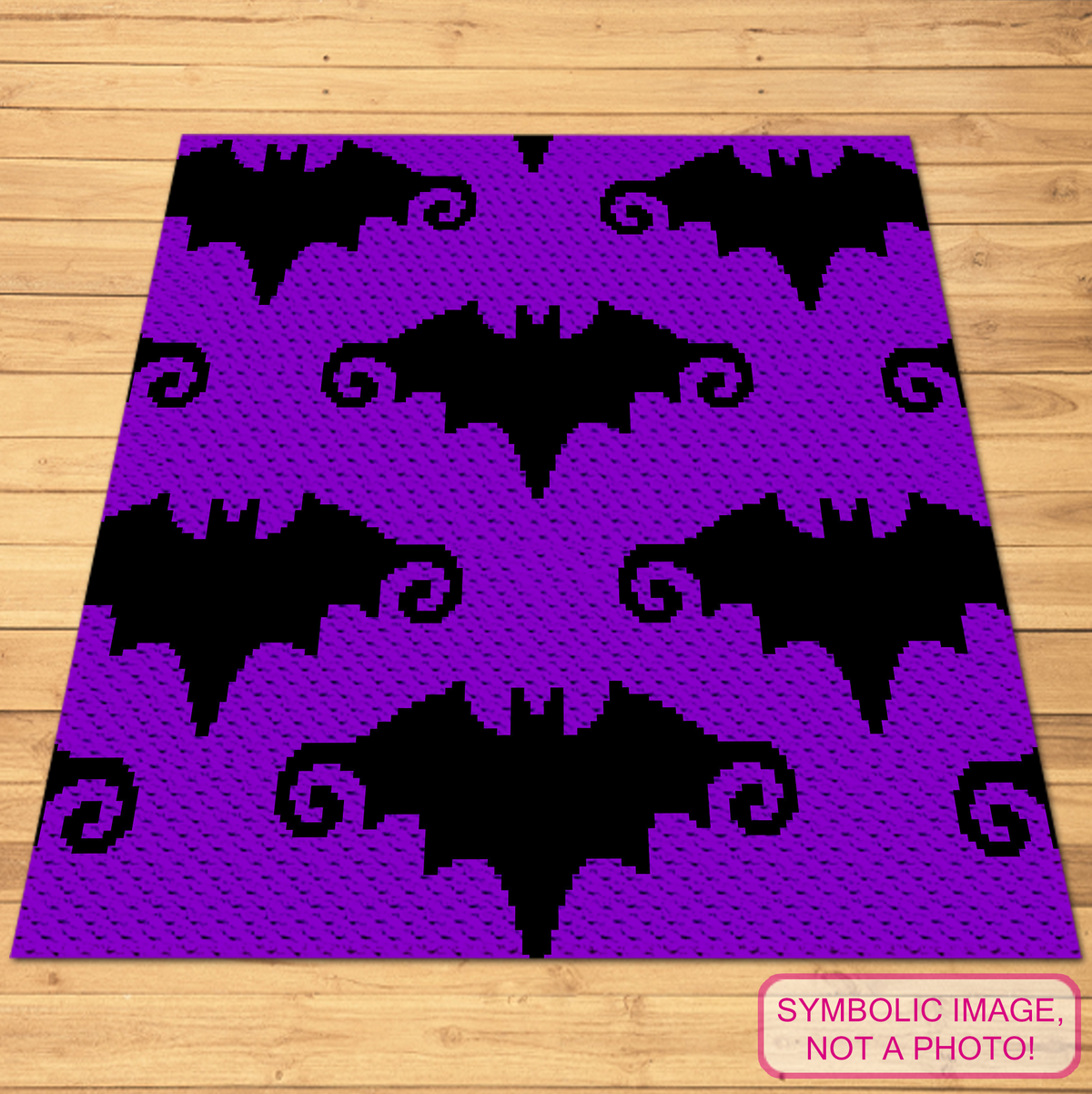 Seamless Bat C2C crochet blanket pattern featuring repeating black bats on a purple background.
Corner-to-corner bat graphgan pattern with a 150 x 150 seamless Halloween design.