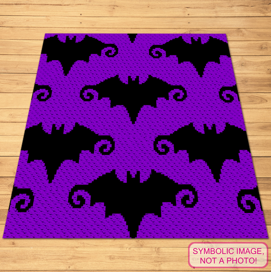 Seamless Bat C2C crochet blanket pattern featuring repeating black bats on a purple background.
Corner-to-corner bat graphgan pattern with a 150 x 150 seamless Halloween design.