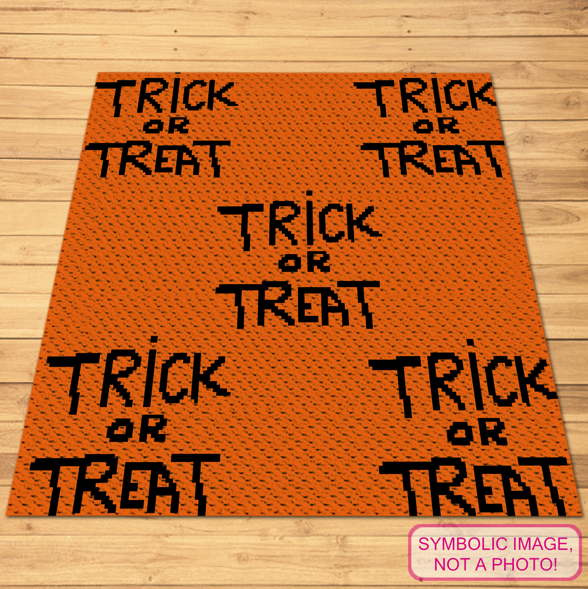 Trick or Treat C2C Crochet Blanket Pattern – a fun two-color Halloween graphghan featuring a seamless repeating TRICK OR TREAT design in orange and black.

This listing is for the C2C version of the pattern. The design measures 150 × 150 C2C blocks and can be worked using regular or mini C2C. The finished size will depend on your yarn weight, hook size, and personal gauge.