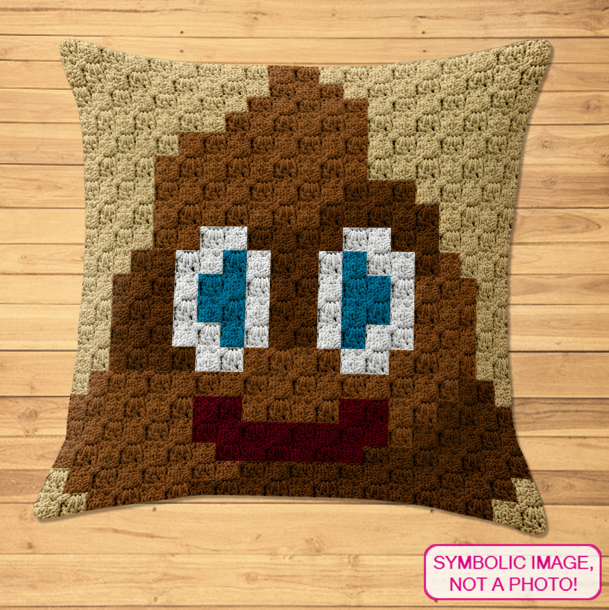 C2C crochet funny poop pillow pattern for kids, teens, gag gifts, and novelty decor.
Beginner-friendly C2C crochet pillow pattern featuring a smiling poop emoji in 20 x 20 blocks.