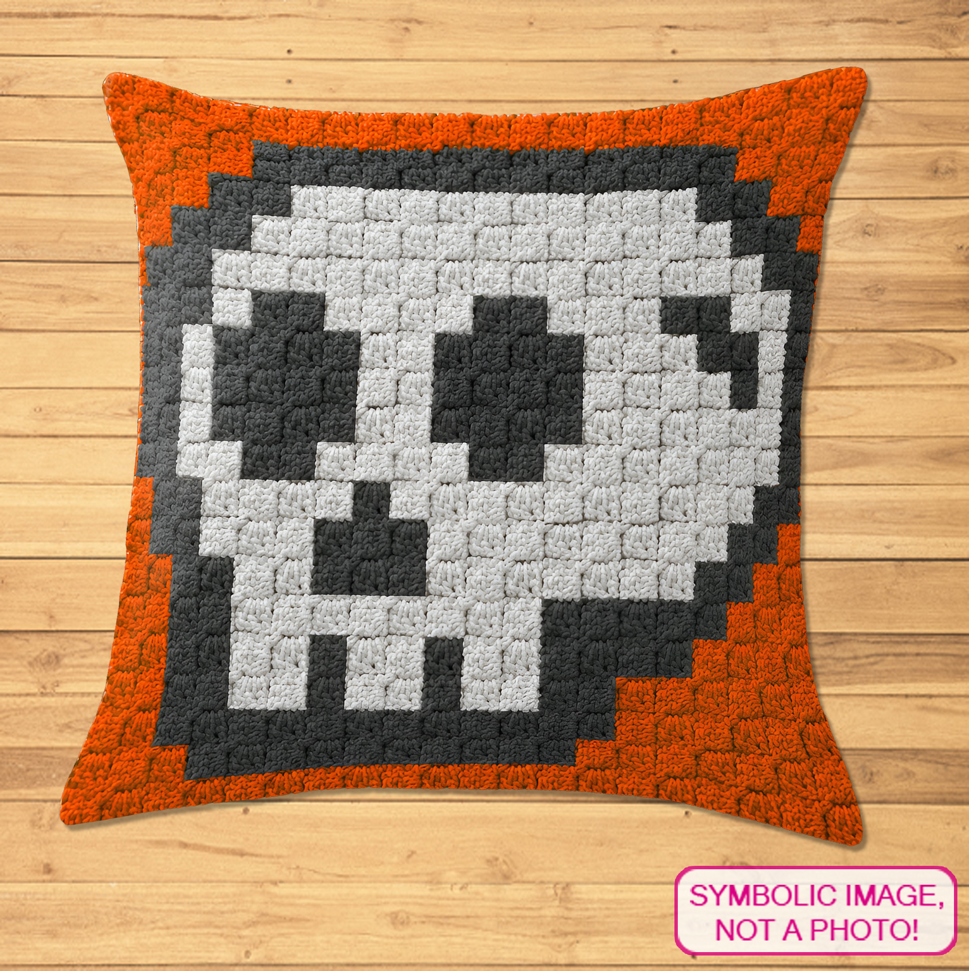 C2C crochet pillow pattern with written instructions featuring a cartoon skull graph design for Halloween and gothic home decor.