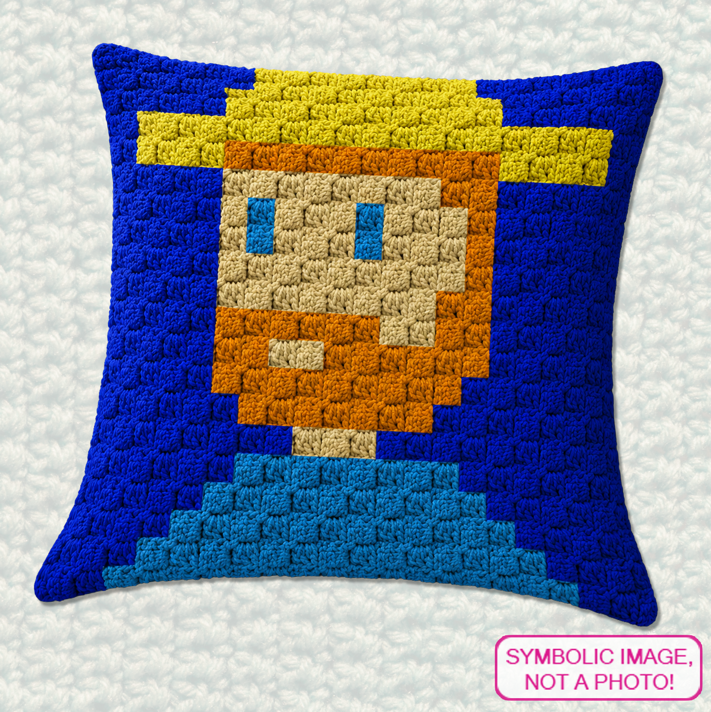 Famous artist crochet pillow pattern featuring a Van Gogh inspired portrait design in C2C crochet.
Beginner-friendly C2C crochet pillow pattern with dark blue, blue, yellow, orange, and peach portrait design.