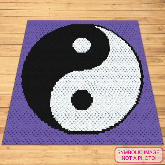 Yin Yang C2C crochet blanket pattern featuring a black and white balance symbol on a purple background.
Corner-to-corner yin yang graphghan pattern with a 100 x 100 color chart and written row-by-row instructions.