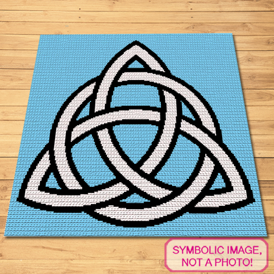 Trinity Knot crochet blanket pattern featuring a Celtic Triquetra symbol in white and black on a blue background.
Tapestry crochet blanket pattern with a large Celtic Trinity Knot design and written instructions.