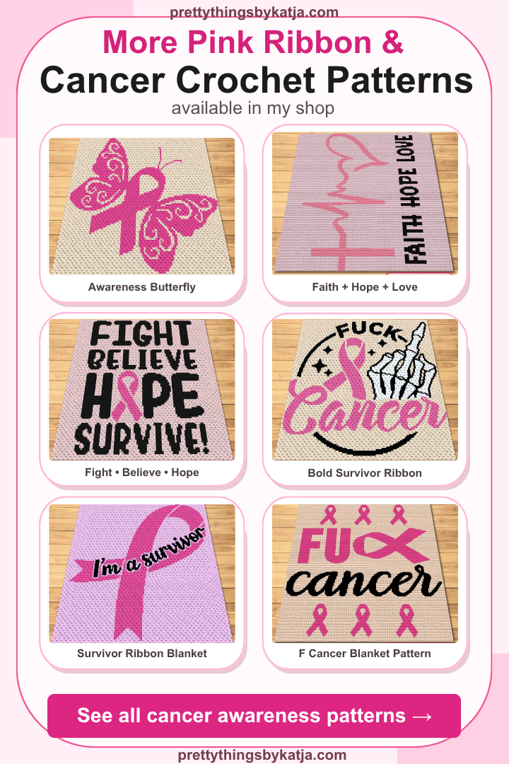 Cancer support single crochet pillow pattern featuring a pink awareness ribbon for handmade comfort gifts and charity projects.
Pink ribbon crochet graph pattern for breast cancer awareness pillows, survivor gifts, and fundraiser crochet projects.