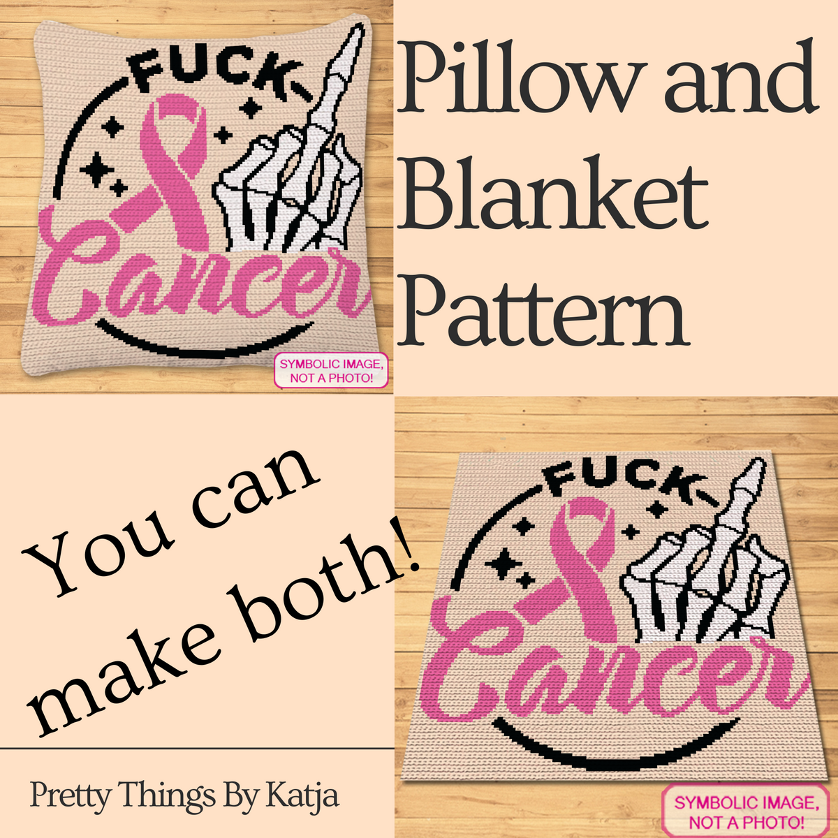 Fuck Cancer Skeleton – Middle Finger Crochet Pattern is a bold cancer-awareness graphghan design featuring a pink awareness ribbon, a skeleton hand giving the middle finger, and the words “Fuck Cancer.” It is designed for single crochet/tapestry crochet and can be made as either a pillow or a blanket.