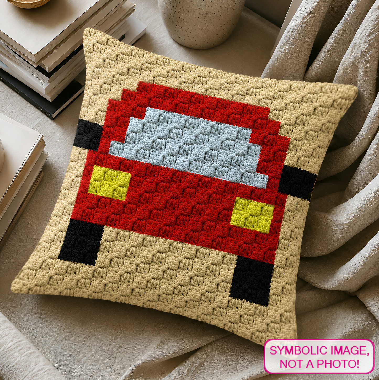 C2C crochet pillow pattern with written instructions featuring a cute red car graph design for a quick handmade gift.