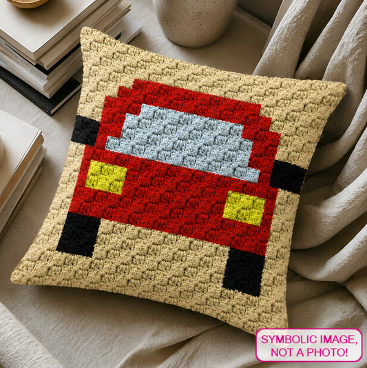 C2C crochet pillow pattern with written instructions featuring a cute red car graph design for a quick handmade gift.