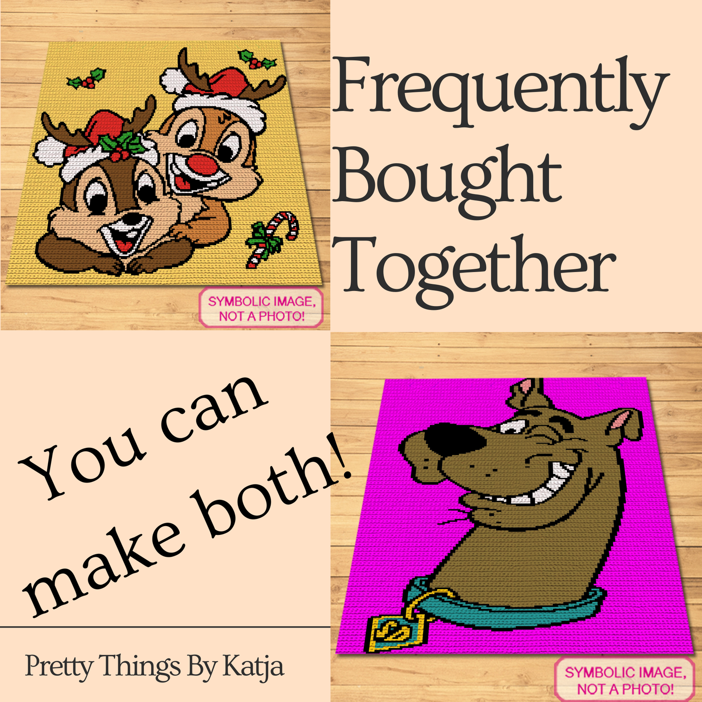 Character-inspired Christmas tapestry crochet graph pattern for handmade blankets and holiday gifts.
Cute festive chipmunk graphgan with Santa hats, holly, candy cane, written instructions, and instant-download PDF.
