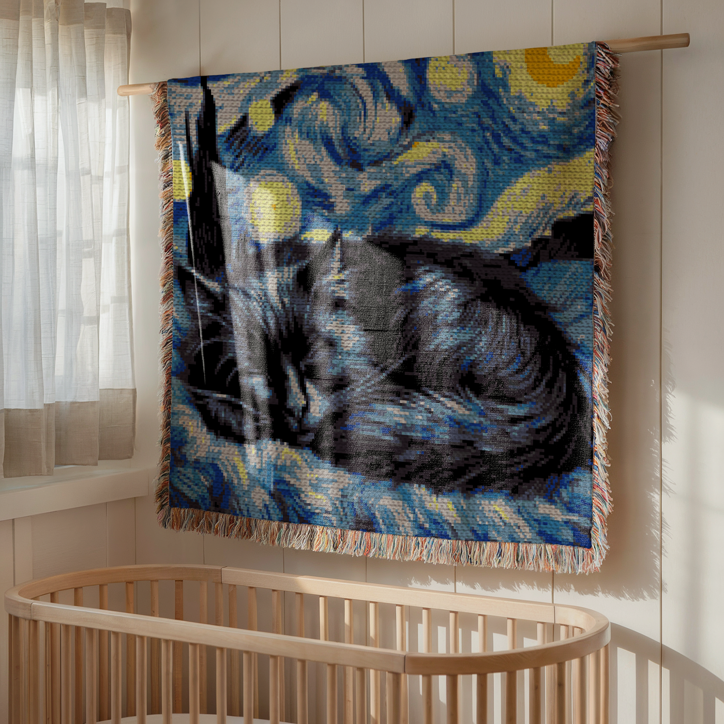 Black cat SC crochet graphghan pattern inspired by Van Gogh Starry Night with a 199 x 200 color chart.
Tapestry crochet blanket pattern with sleeping black cat, moon, stars, blue swirls, and row-by-row instructions.