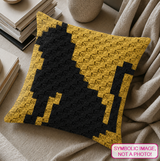 C2C crochet pillow pattern with written instructions featuring a sitting black cat graph design for a handmade cat lover gift.