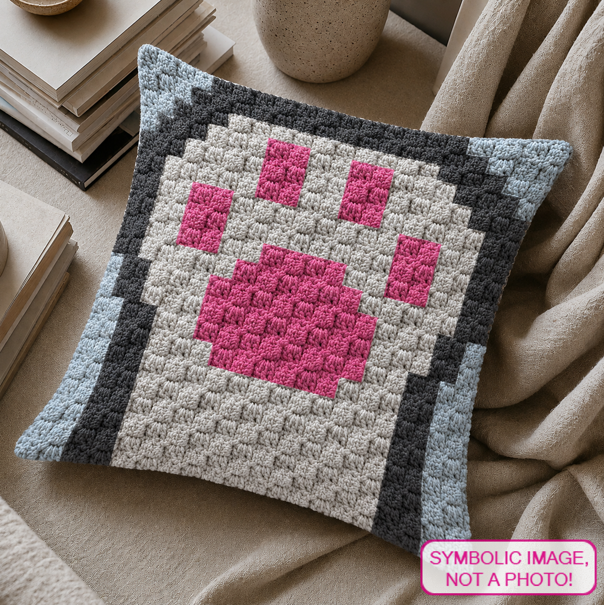 C2C crochet pillow pattern with written instructions featuring a cute cat paw graph design for a handmade cat lover gift.