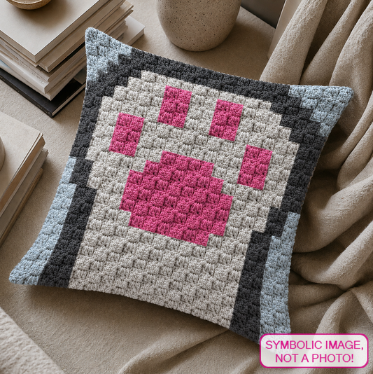 C2C crochet pillow pattern with written instructions featuring a cute cat paw graph design for a handmade cat lover gift.