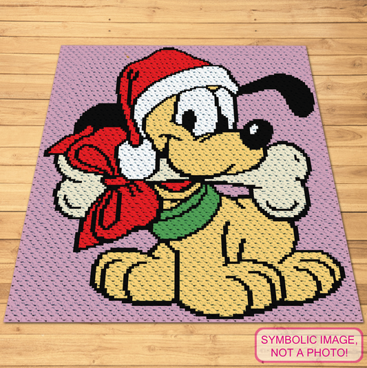 Christmas Baby Pluto C2C crochet blanket pattern featuring a festive puppy in a Santa hat with a red gift bag.
C2C Christmas dog graphgan pattern with a 150 x 150 color chart and written row-by-row instructions.